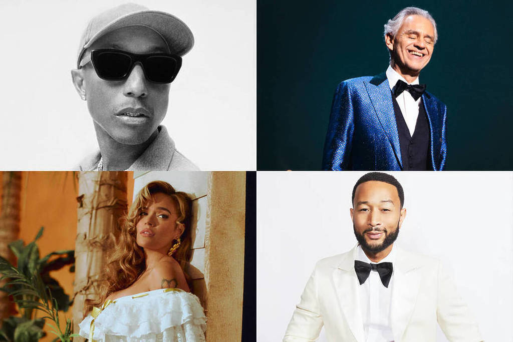 Collage of Pharrell, Bocelli, Karol G and John Legend for Grace for the World