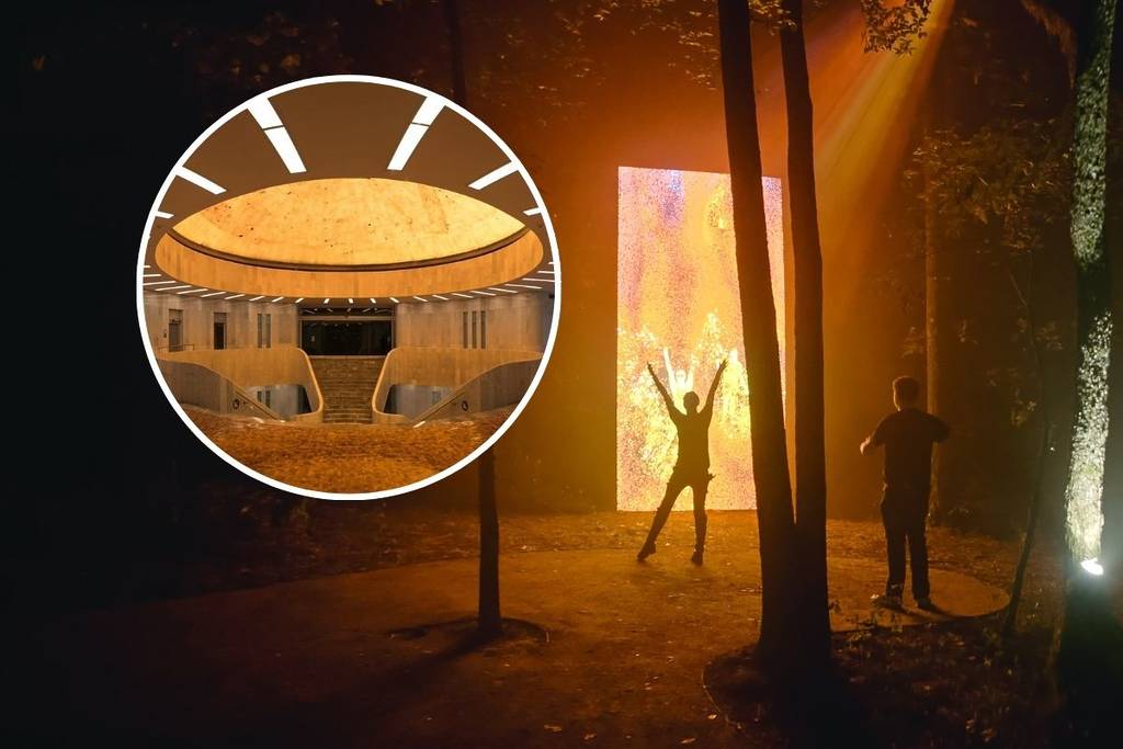 The garden of the Museum of Modern Art is illuminated with this