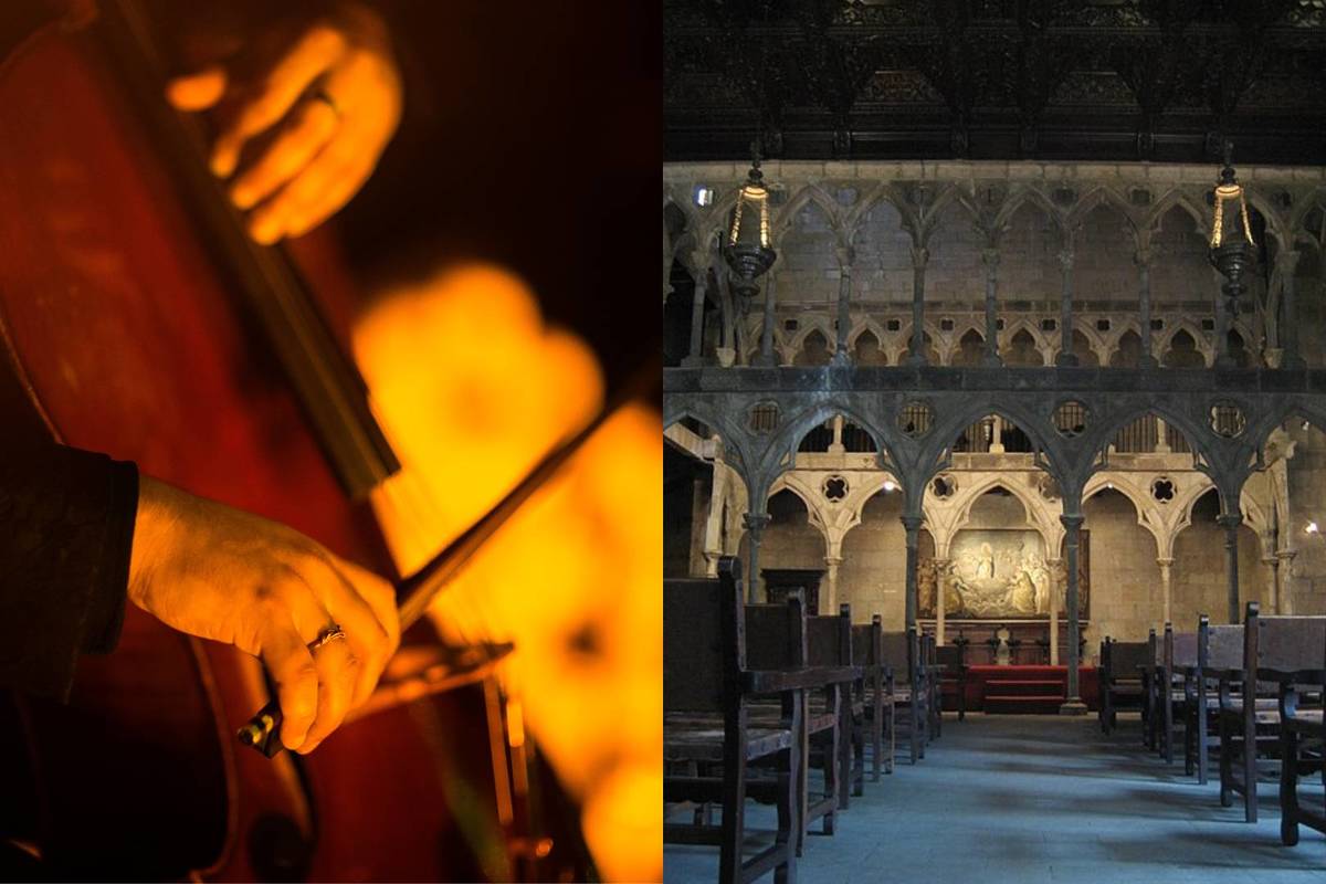 A la izquierda, primer plano de un músico toando el violonchelo y, a la derecha, interior del Centro Cultural Helénico de CDMX.