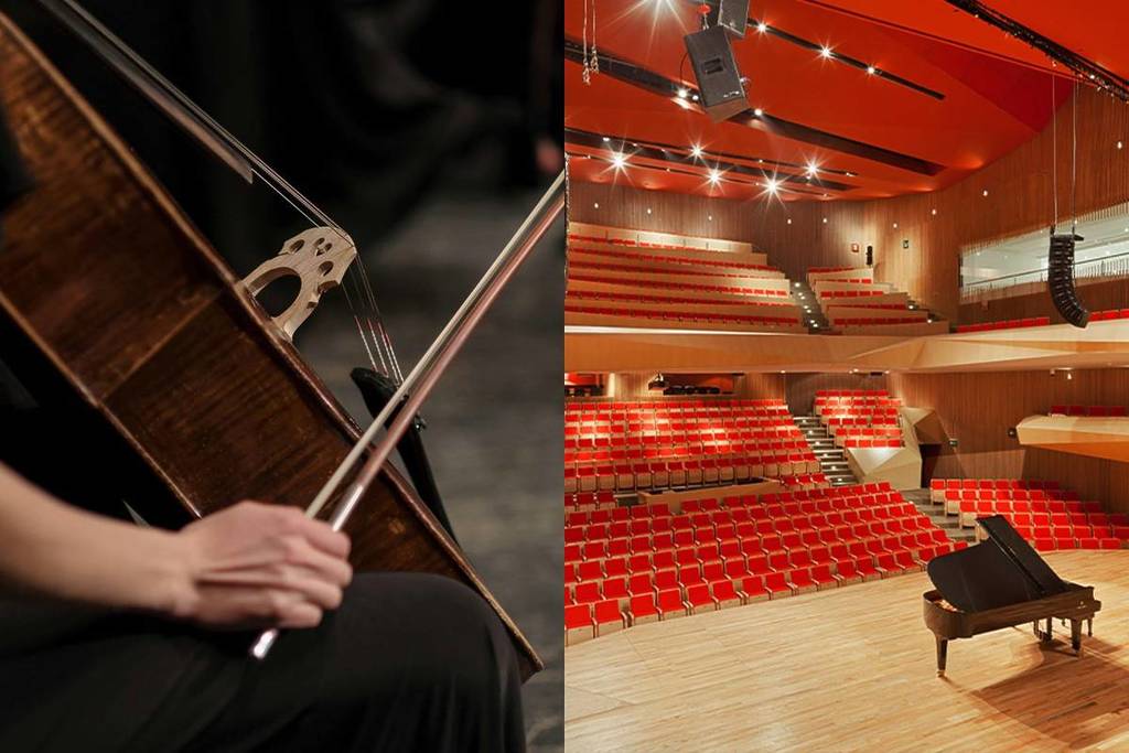 Primer plano de un músico tocando el violonchelo durante un concierto, y el interior del auditorio de El Cantoral.