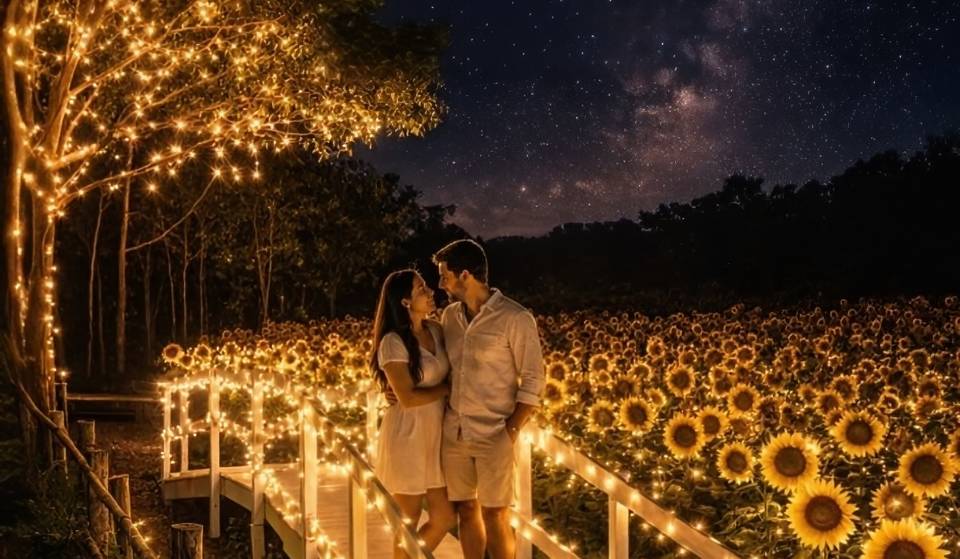 A field of sunflowers illuminated at night is coming: there will be bonfires, live music, and camping
