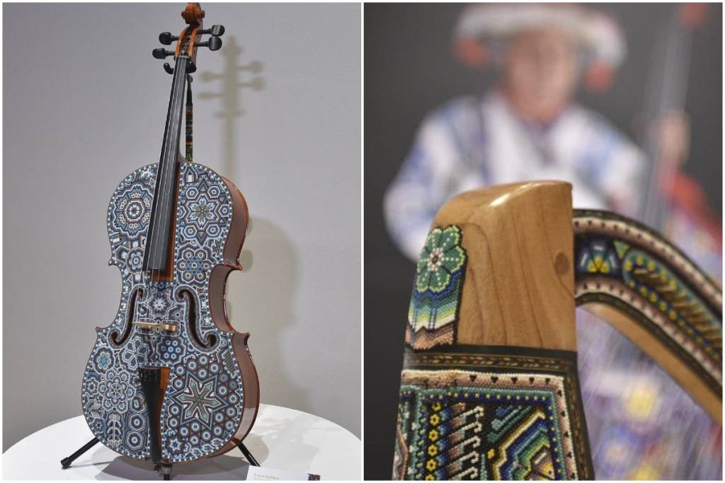 Instrumentos musicales intervenidos con arte Wixárika componen esta nueva exposición en el Centro Histórico de CDMX