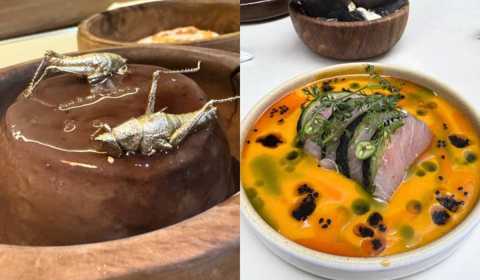 The flan topped with two giant golden grasshoppers: find it at this Mexico City restaurant that also serves ceviche