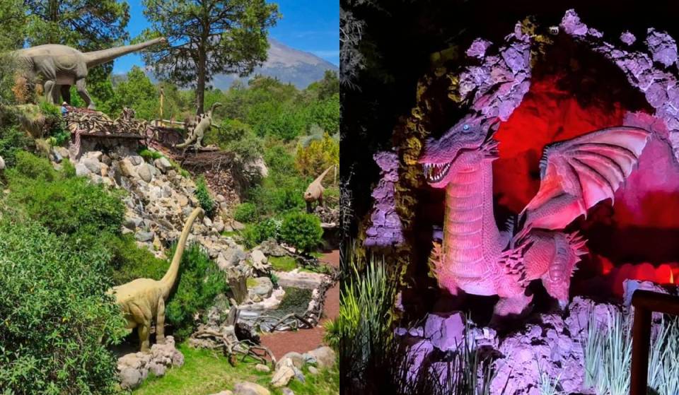 The park featuring illuminated dinosaurs and dragons, complete with a Jurassic train, a T-Rex roar experience, and boat rides