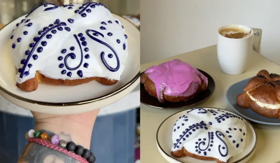 Pan de muerto de talavera en Croque Voyage CDMX