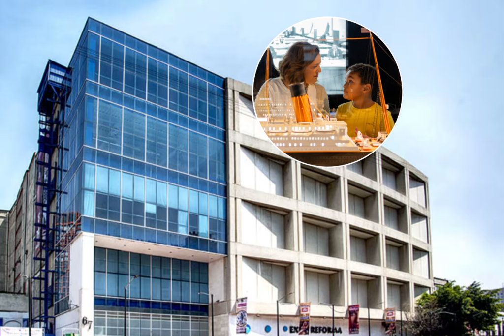 Expo Reforma’s facade and a close-up of a mother and son in front of a model of *Titanic: An Immersive Voyage*
