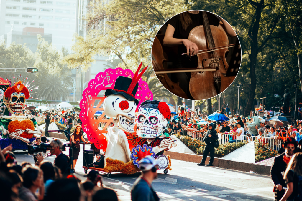 Desfile del Día de Muertos en CDMX y primer plano de dos músicos tocando el violonchelo.