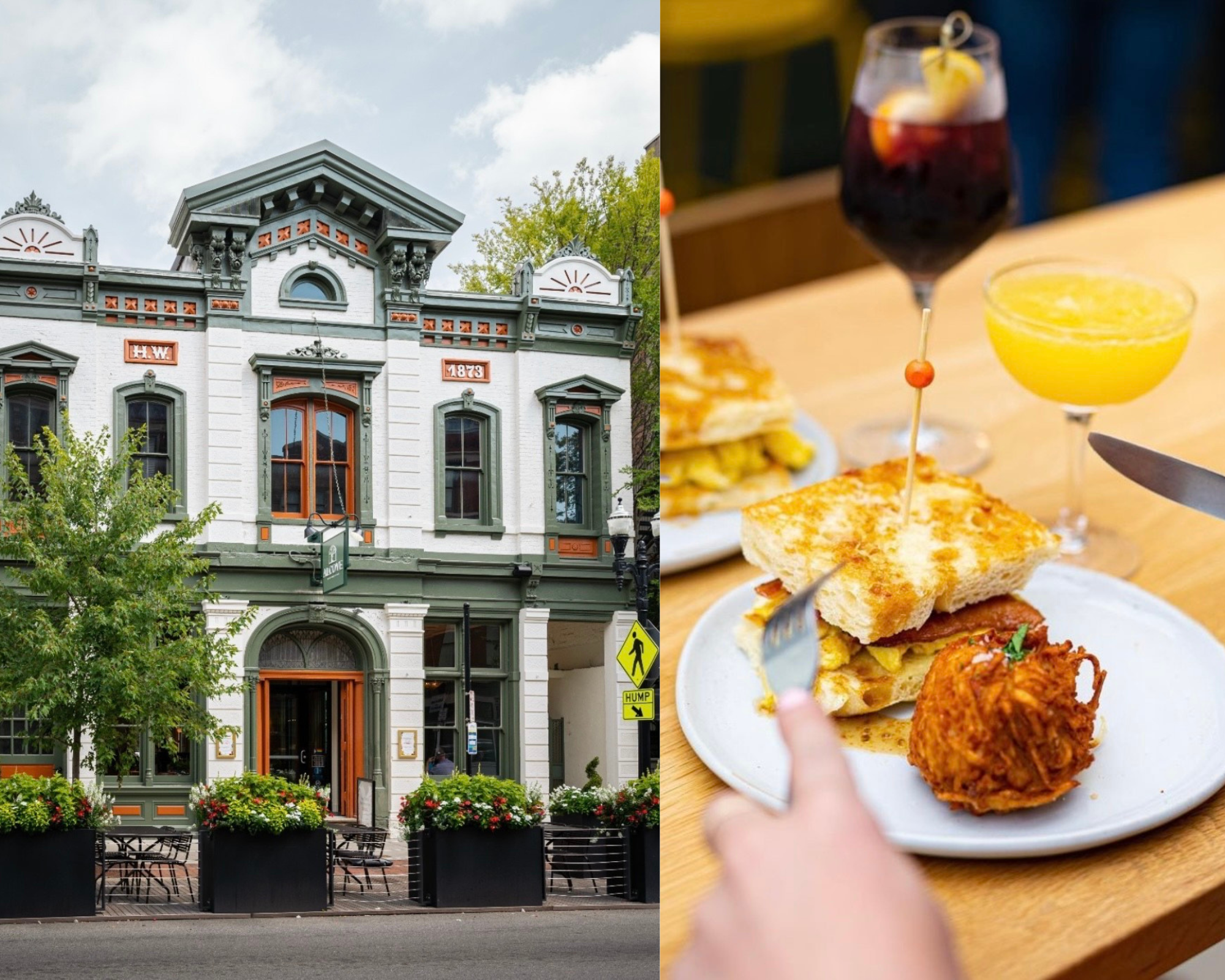 Two images: the exterior of Alcove in Cincinnati and a brunch dish.