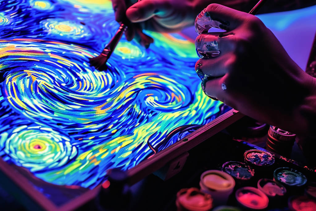 A close-up shot of a hand painting neon-lit blue swirls at Neon Brush.