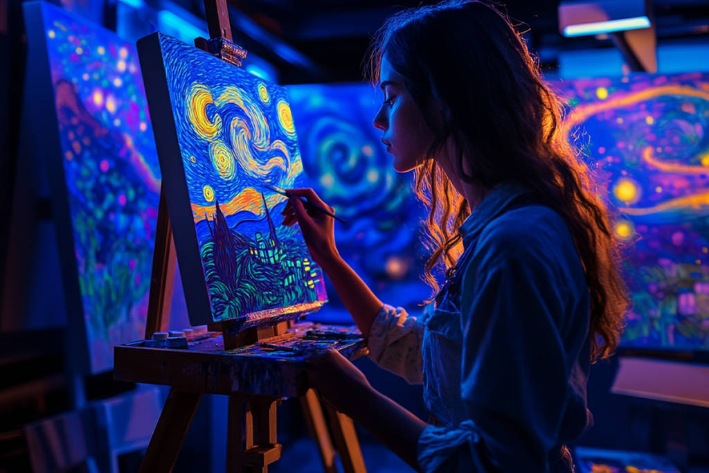 A girl painting The Starry Night on a canvas under neon lights at Neon Brush Van Gogh.