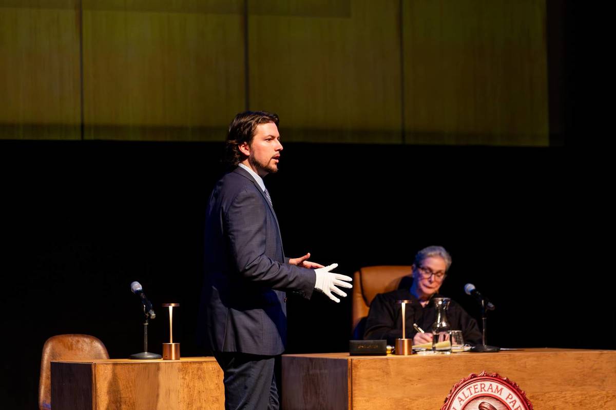 A lawyer gives the closing statement at The Jury Experience