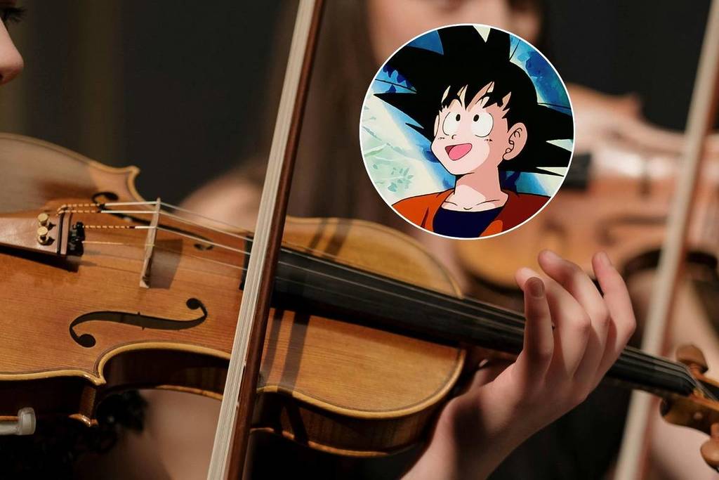 De fondo, primer plano de unas manos tocando el violín y, en un círculo, frame de Dragon Ball Z.