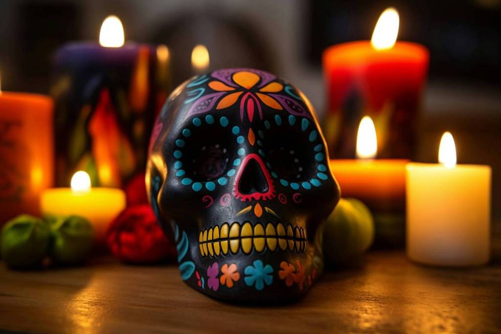 Calavera mexicana pintada con motivos florales iluminada por velas como homenaje a la tradición del Día de Muertos