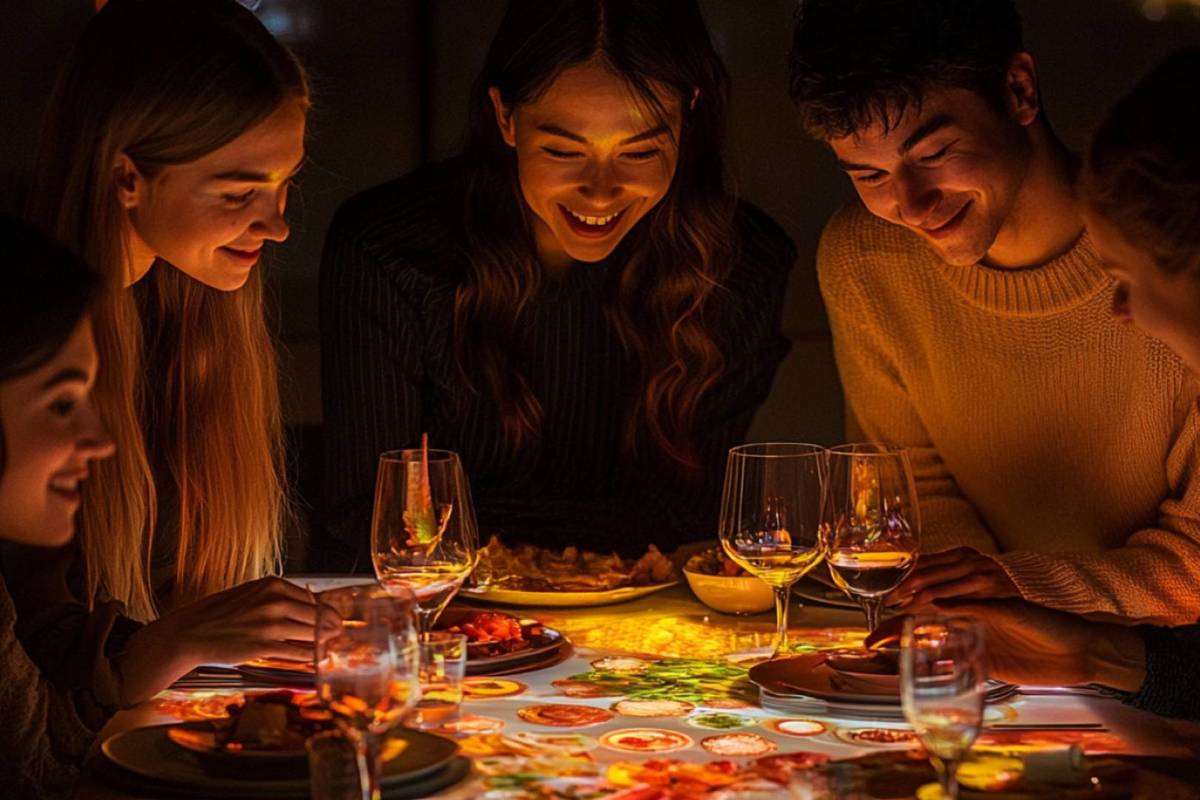 People around a table looking at the projection at Sensory Feast