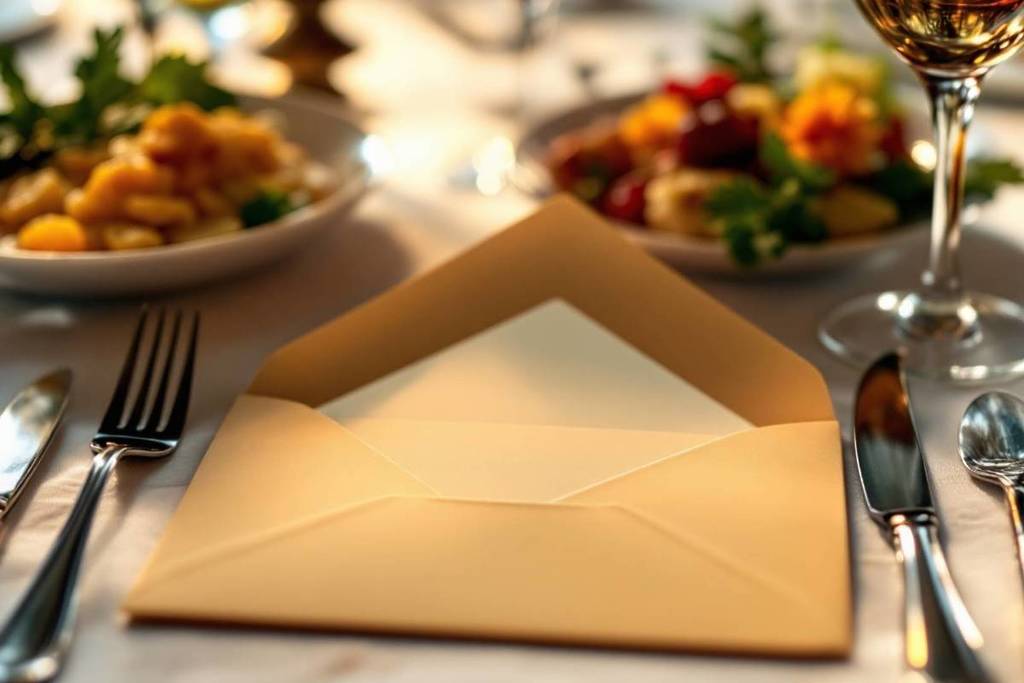 A close up of an envelope on a dinner table