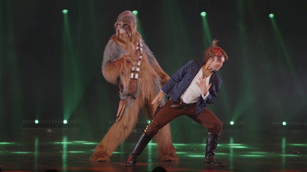chewie and han solo dance at the empire strips back