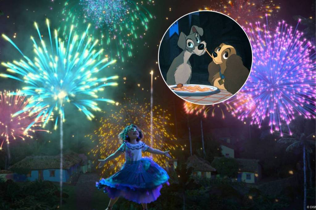 Collage du film Encanto avec des feux d'artifices et de La Belle et Le Clochard