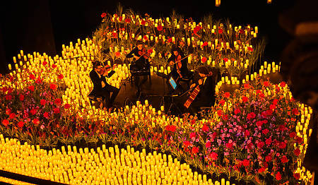 un concierto de primavera a la luz de las velas interpretado por un cuarteto de cuerda en un escenario cubierto de flores y velas.