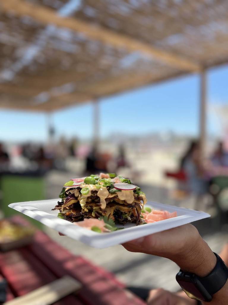 vegetarian okonomiyaki pancake at idb rooftop