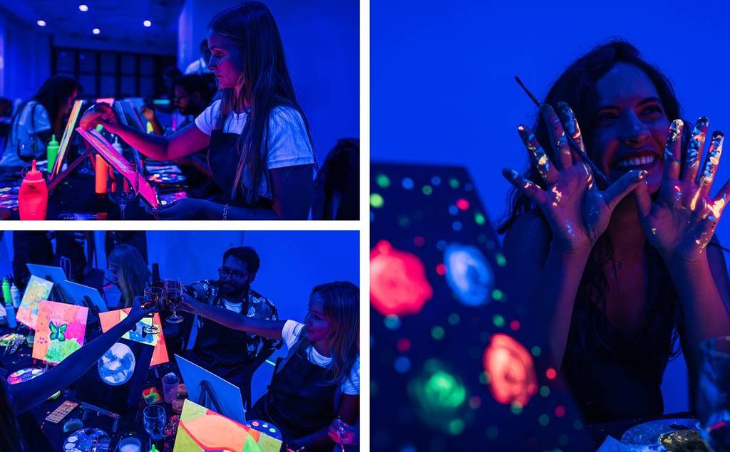 Uma colagem de imagens que captam a experiência do Neon Brush.