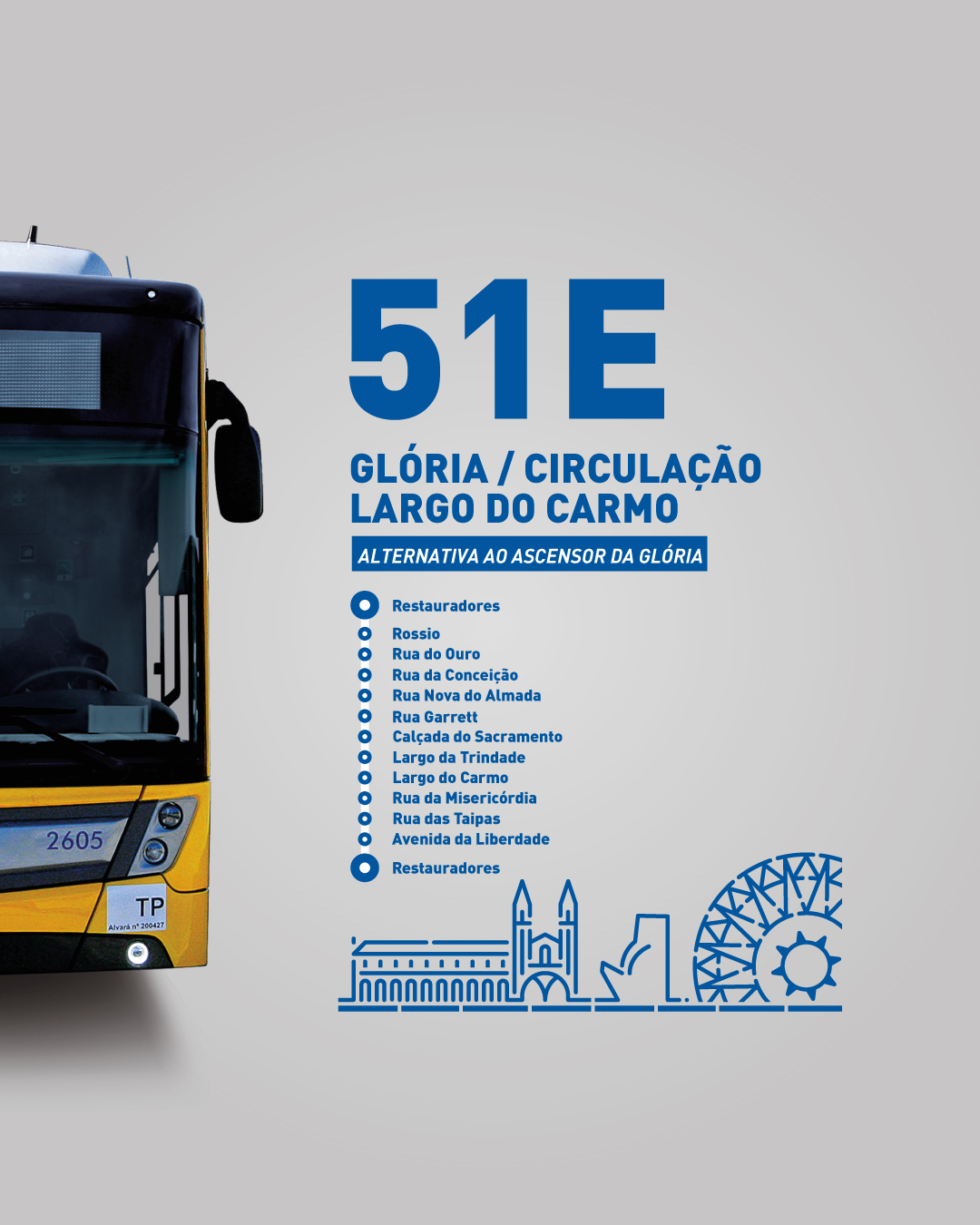 minibus 51E com o circuito de ligação Glória:Circulação Largo do Carmo