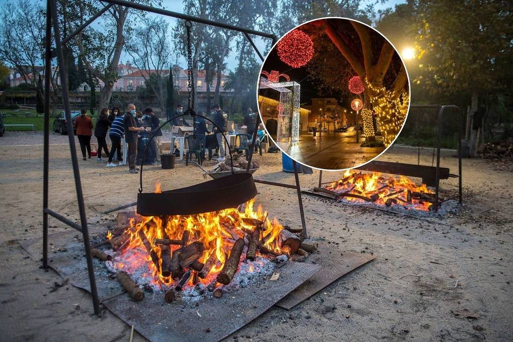 asador de castañas y luces de navidad en oeiras