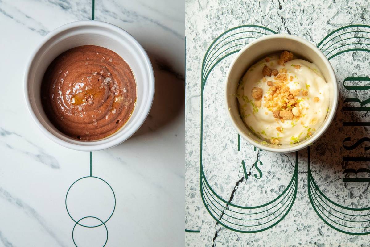 Mousse de Chocolate Bio da Roça Diogo Vaz + Espuma de Queijo com Sorbet de Goiaba no bistro 100 maneiras