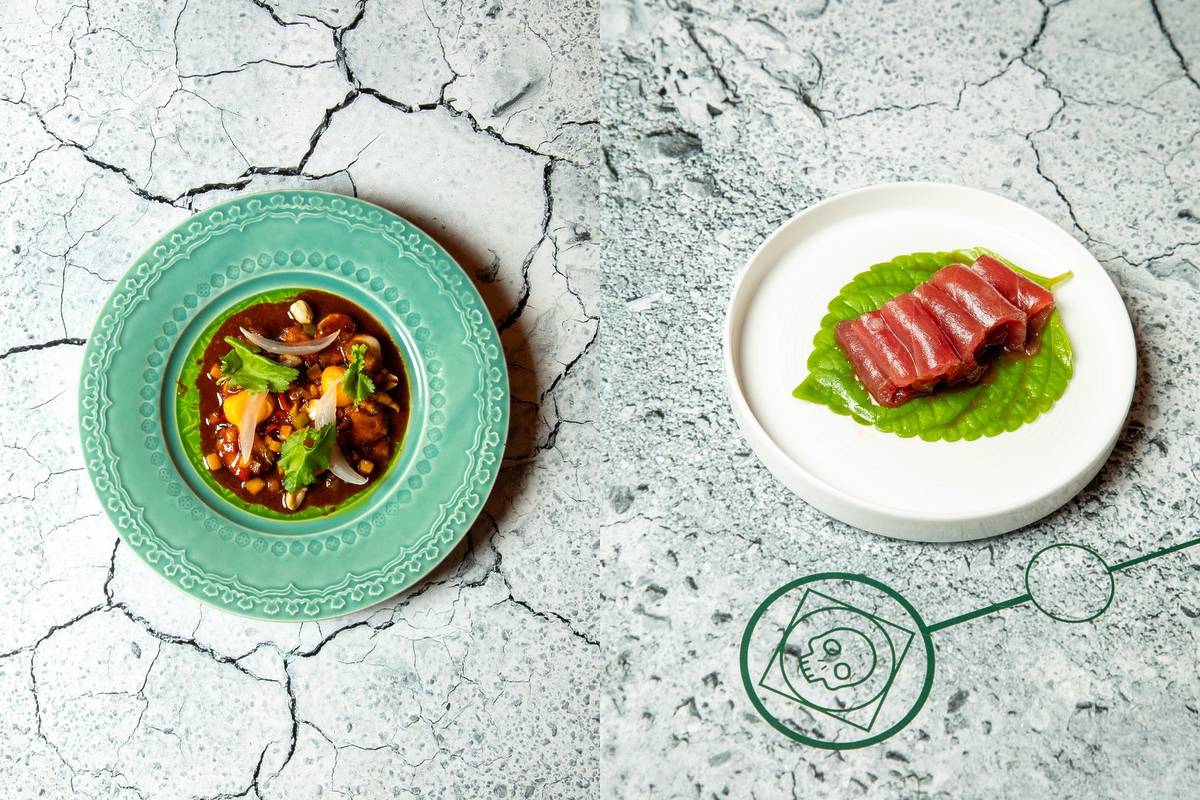 Polvo com Mel Picante e Especiarias e Puré de Batata Doce + Bonito, Shisô e Caviar de Mostarda no bistro 100 maneiras