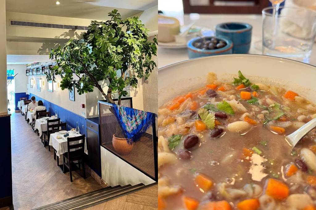 Innenbereich des Restaurants Chico Esperto und Bohnensuppe mit Speck