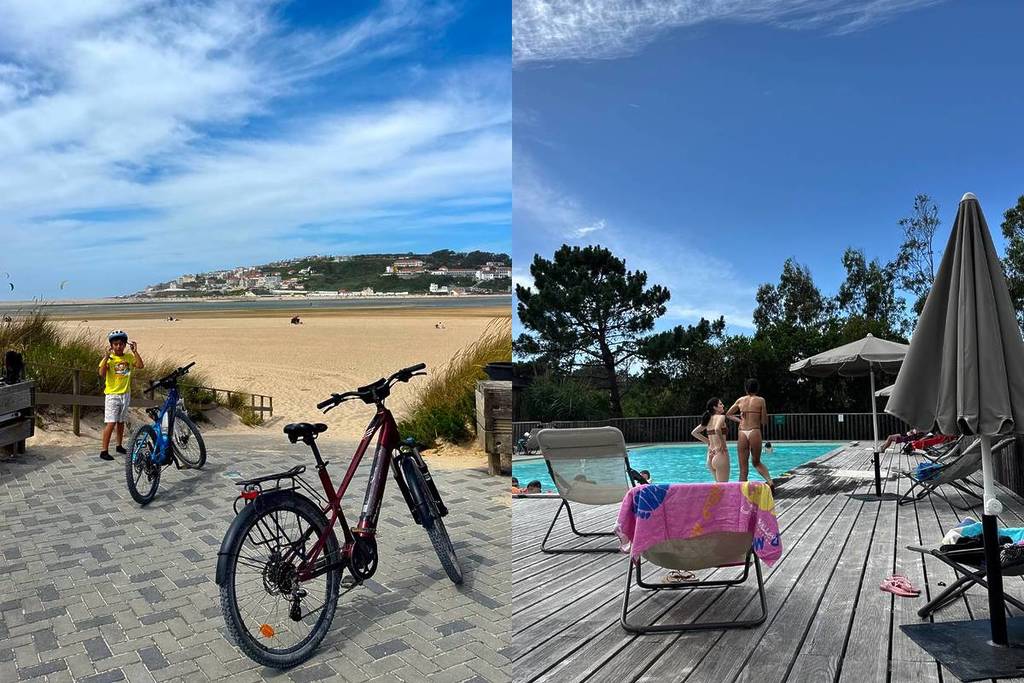 balade en vélo électrique et plongeon dans la piscine du camping Huttopia 