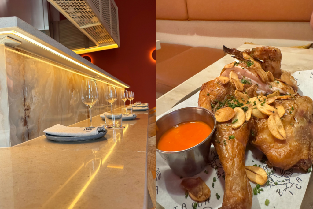 interior space and roast chicken at Tasca Bica