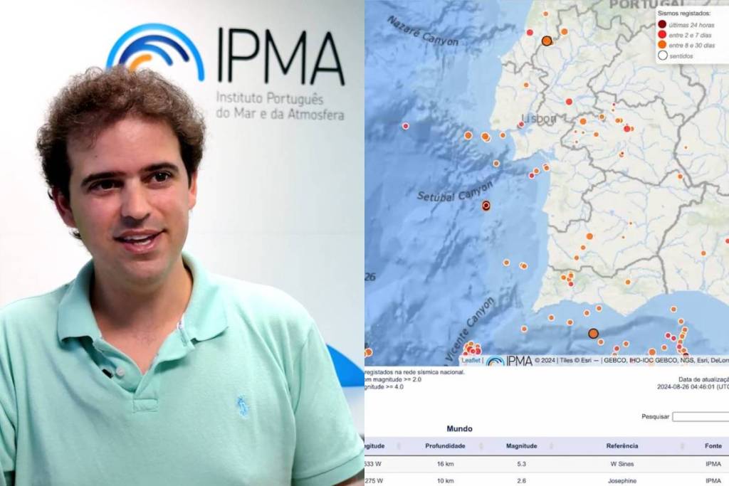 Jorge Ponte, meteorologist at the Portuguese Institute of the Sea and the Atmosphere (IPMA), and a map showing earthquake occurrences in Portuguese territory