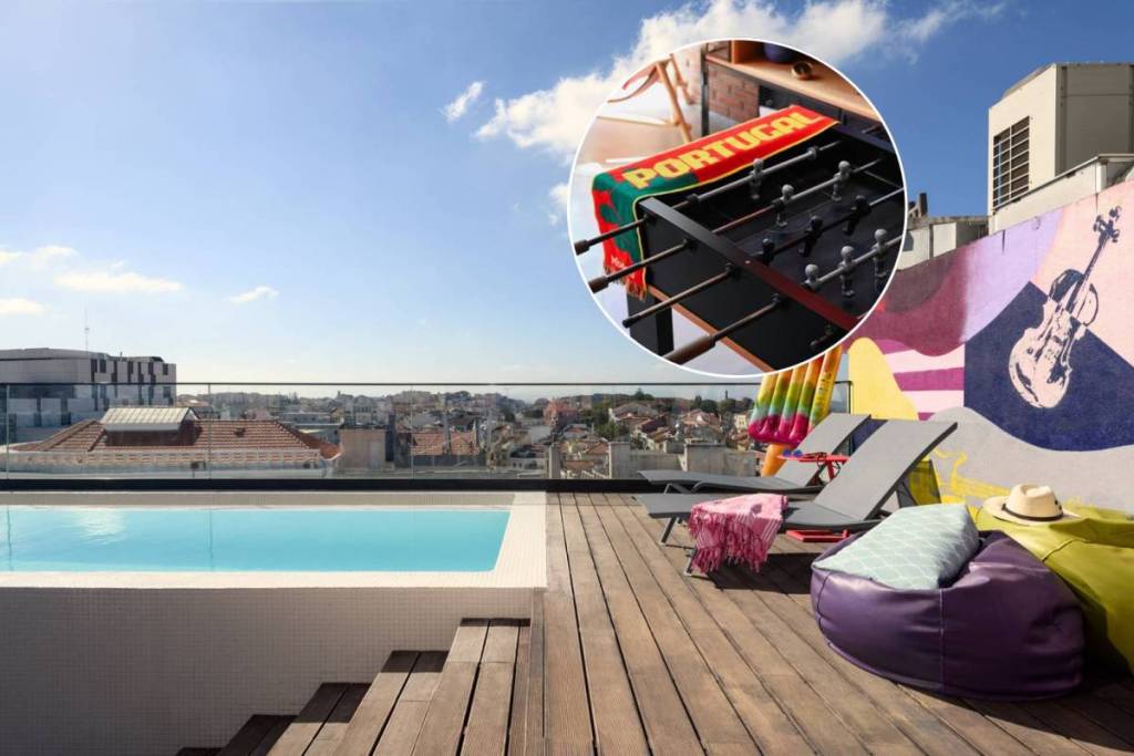 Piscina e calcio balilla al Moxy Lisbon Oriente