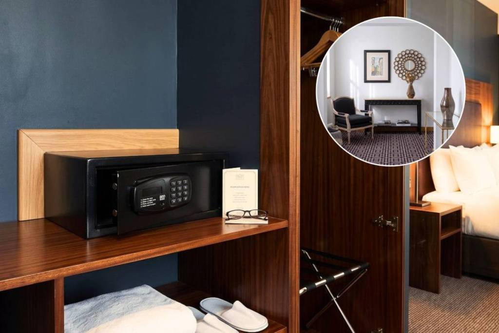 Hotel-Flohmarkt weltweit: Elektronischer Safe aus schwarzem Metall + Sessel und vergoldeter Spiegel bei Second Serve
