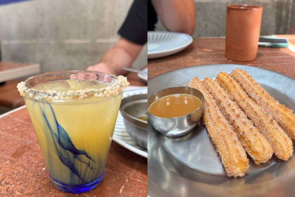 margarita cocktail and homemade churros with dulce de leche at the Mexican restaurant La Ruda 