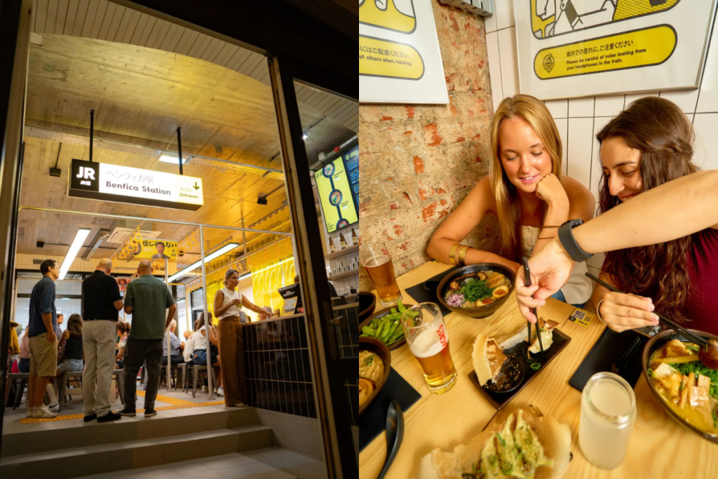 interior dos restaurantes station by ajitama + pessoas a comer ramen 
