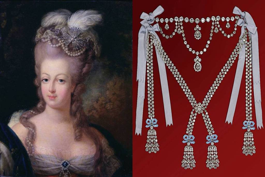 Photo d'un portrait de Marie-Antoinette et photo des bijoux de la reine
