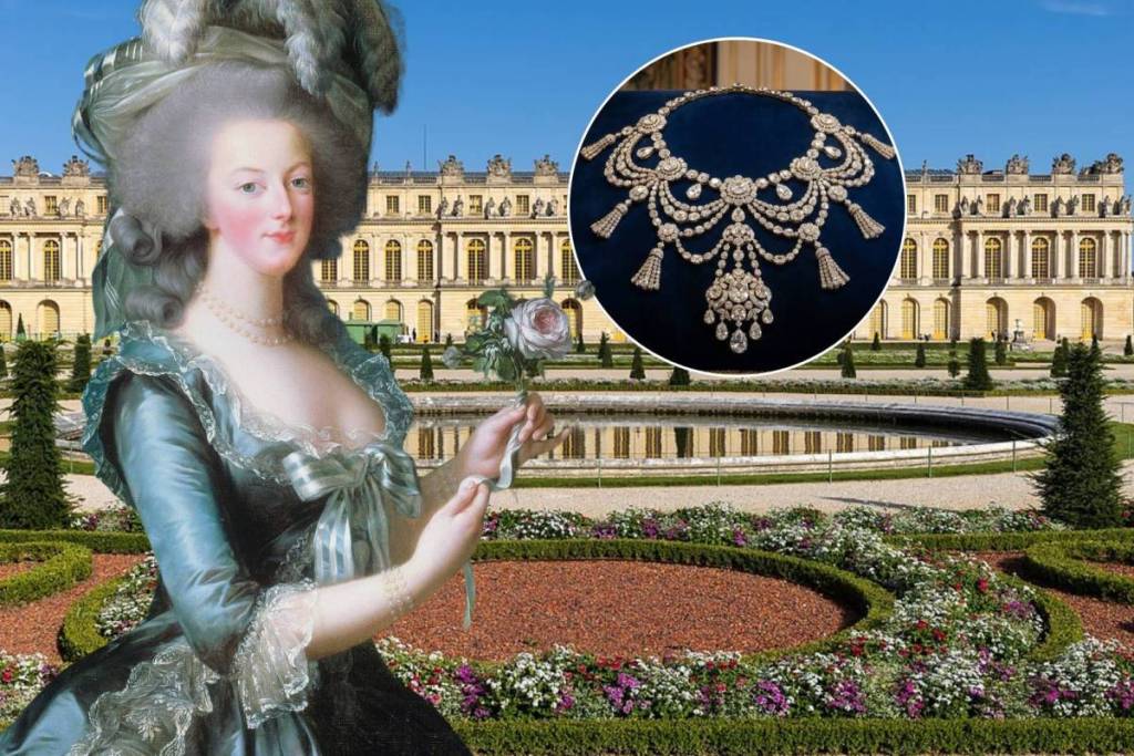 Photo de Marie-Antoinette sur une photo des jardins du Plais de Versaille avec les bijoux volés