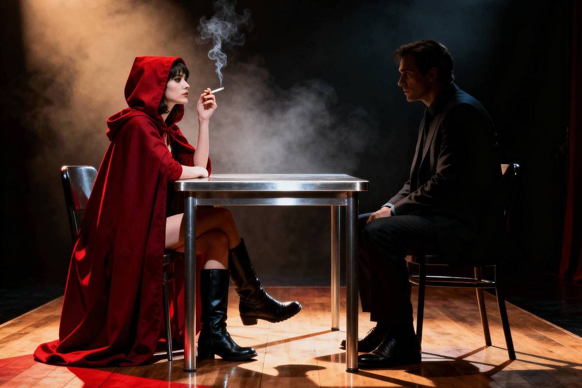 Una mesa metálica sobre el escenario separa a un actor que hace de detective y a una actriz que hace de Caperucita Roja en Once Upon a Crime.