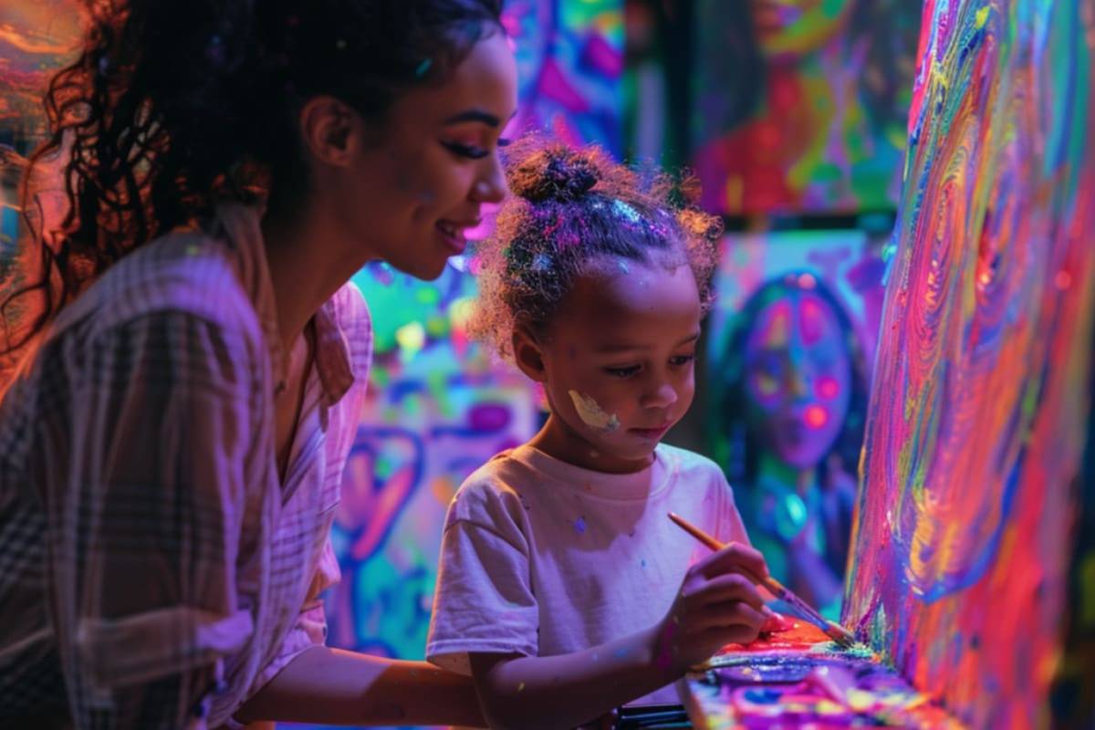 Mujer y niño con una paleta de colores y pintando un lienzo