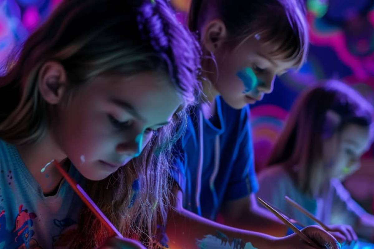 Tres niños coloreando y pintando con pintura fluorescente en Neon Brush Kids Madrid