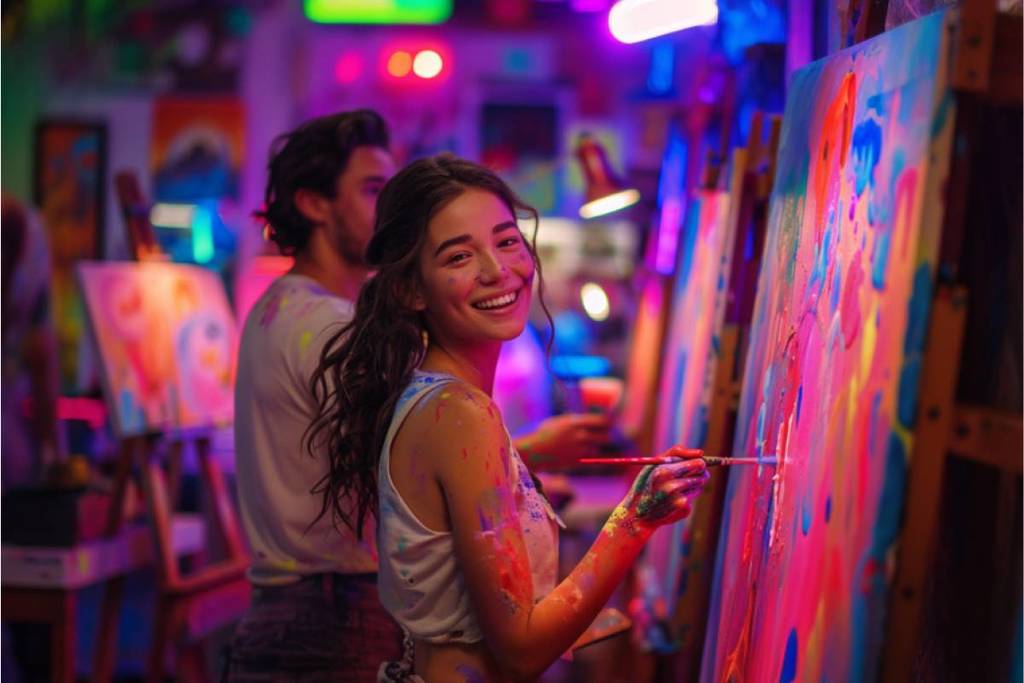 Un taller de pintura lleno de coloridos cuadros y en la sala un chico pintando un lienzo y una chica manchada de colores, pintando y sonriendo a cámara de Lucky Strangers Madrid