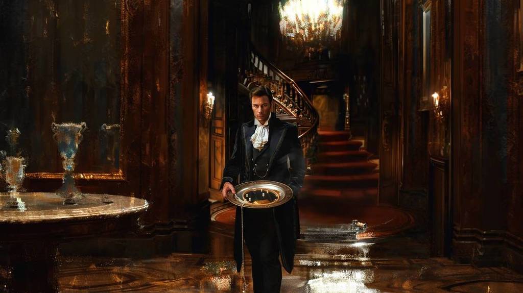 Mayordomo sujetando una bandeja de plata llena de objetos en un palacio con aspecto de acuarela en Hidden Evidence