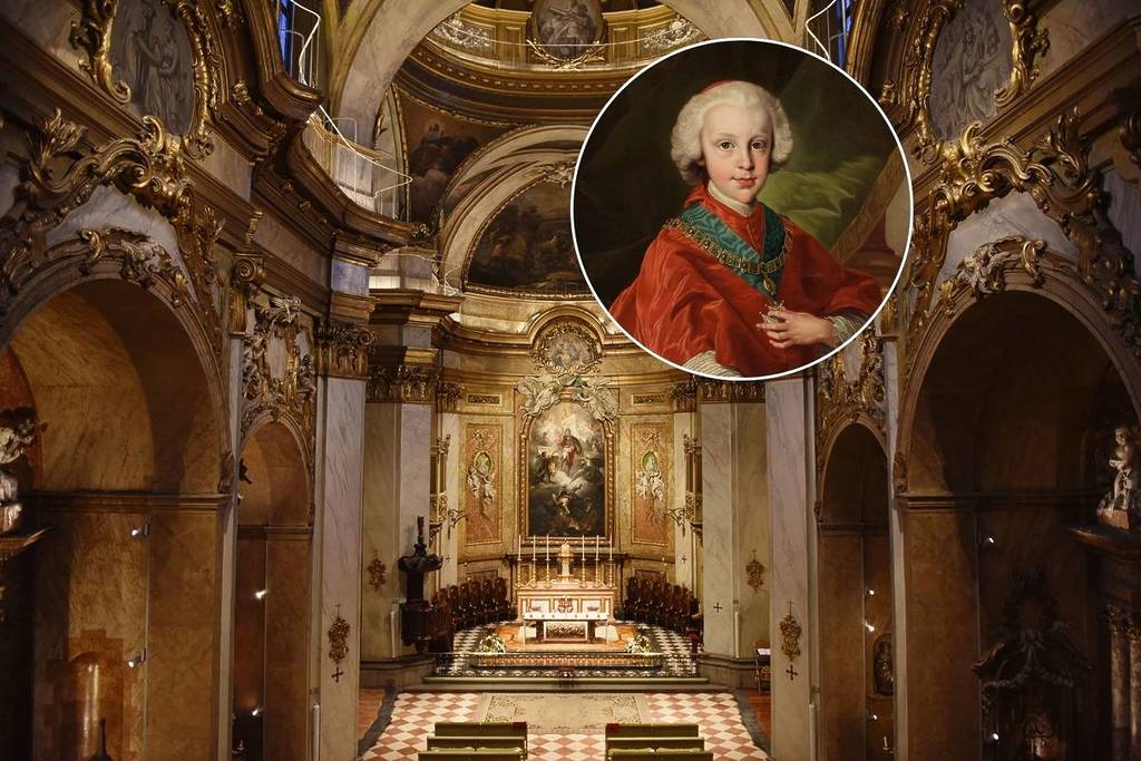 Interior of the Royal Basilica of San Miguel, with a superimposed image of a picture painted by Van Loo of the Infante don Luis