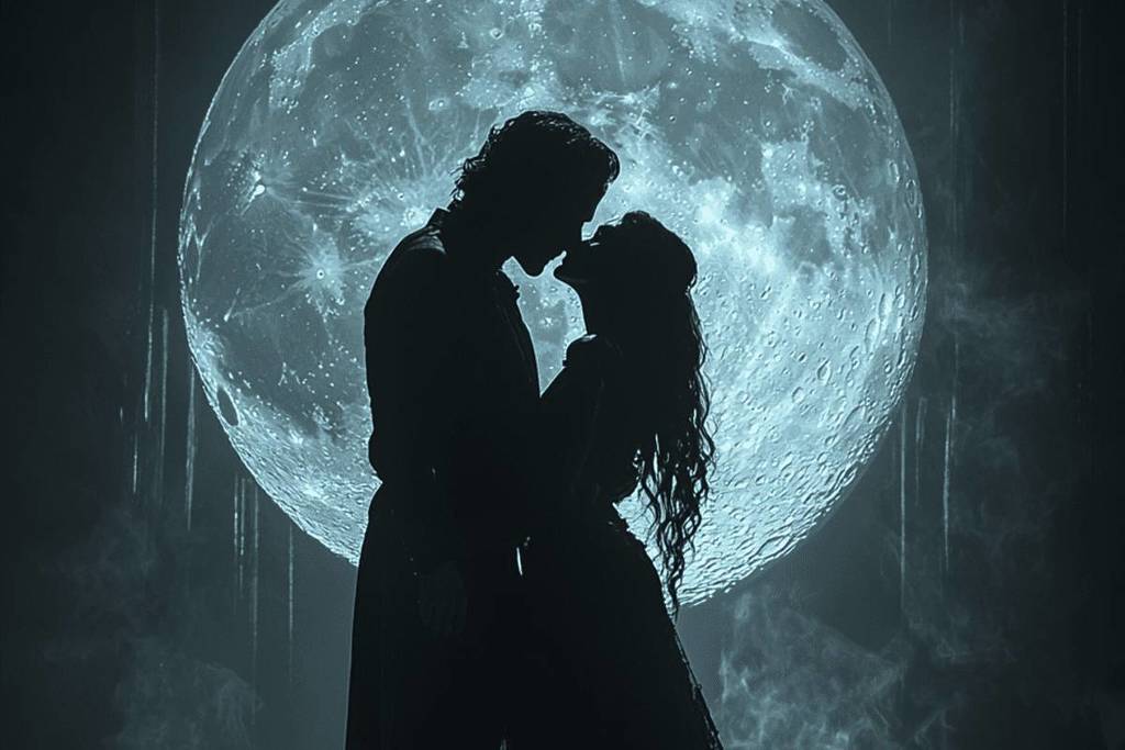 Pareja besándose a contraluz con una enorme luna llena detrás de ellos