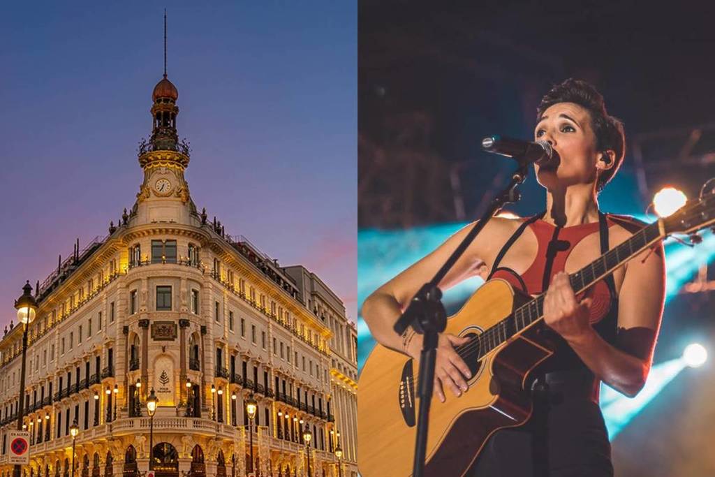 La fachada del Four Seasons Hotel Madrid iluminada de noche y una foto de Ana Torroja de joven