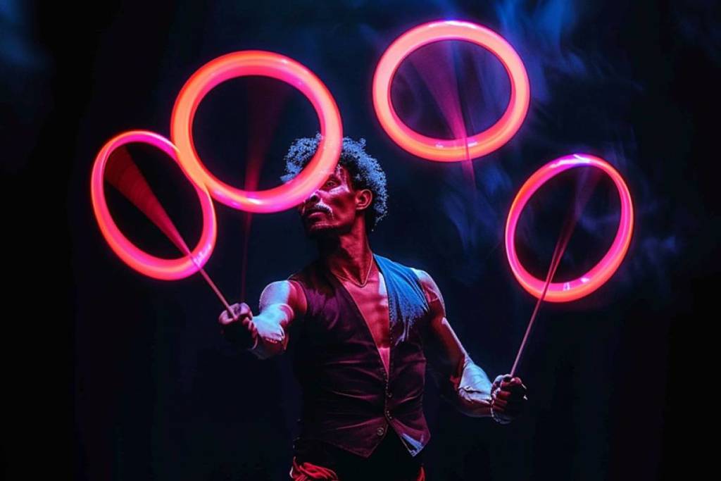 Un giocoliere impugna aste con cerchi a LED rossi, creando strisce di luce nell'aria su uno sfondo scuro al Glow Circus Madrid.