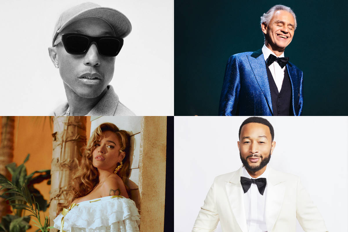 Cuatro artistas de "Grace for the World": Pharrell Williams, Andrea Bocelli, Karol G y John Legend