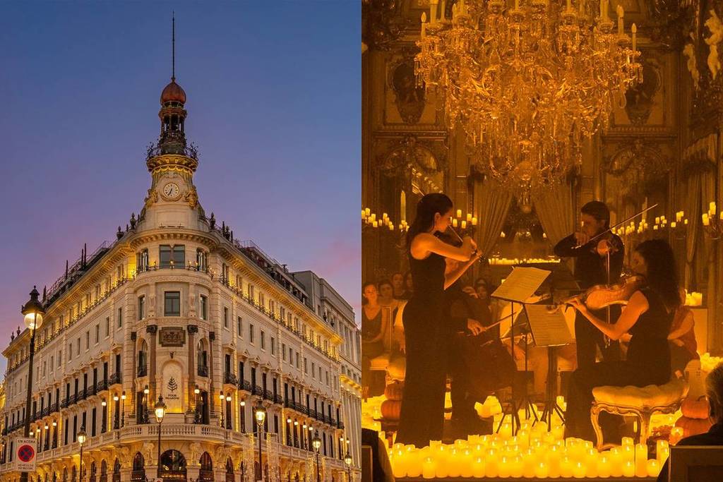 À esquerda, fachada do Four Seasons Hotel Madrid e à direita, quarteto de cordas durante um concerto à luz das velas no Four Seasons Hotel em Madrid.