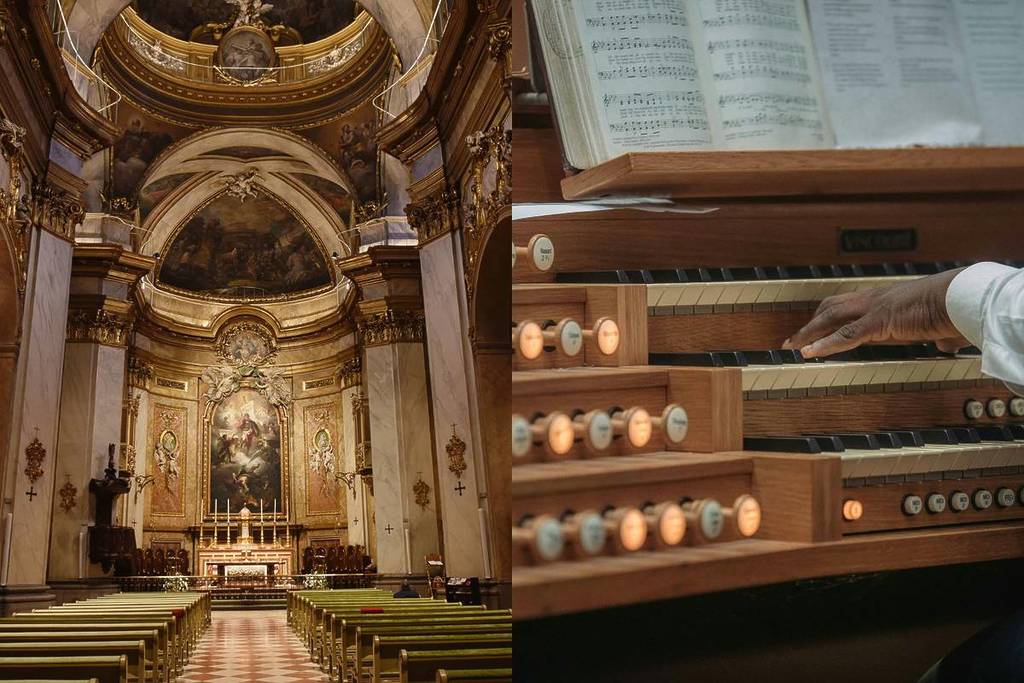 Interior de la Basílica Pontificia de San Miguel en Madrid, y manos tocando un órgano.